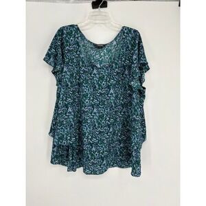 Lands End Blouse Women 3X Green Blue Floral Scoop Neck Flutter Sleeve Top 2138